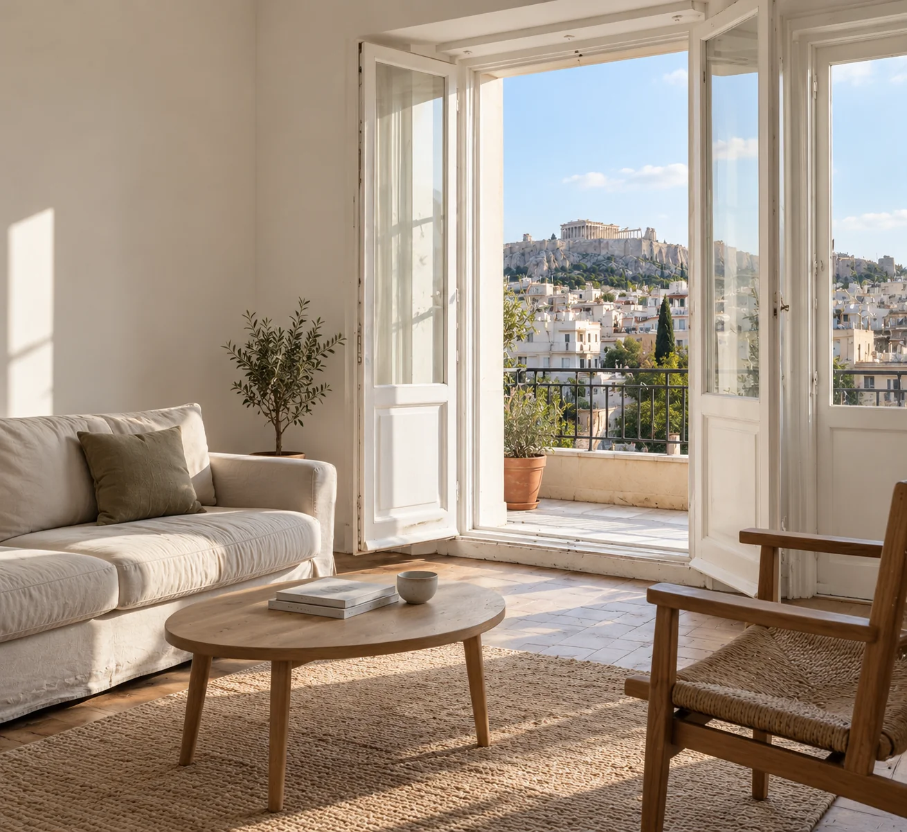 Ενδεικτικό φωτεινό καθιστικό με φυσικά υλικά και θέα στην Αθήνα
